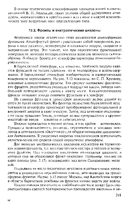 Подавляющее число подвижных циклонов и антициклонов зарождается в динамически неустойчивых волнах, возникающих на тропосферных фронтах. На рис. 5.15 южнее Москвы, над Каспийским морем в области барической ложбины на фронтах можно видеть две волны.