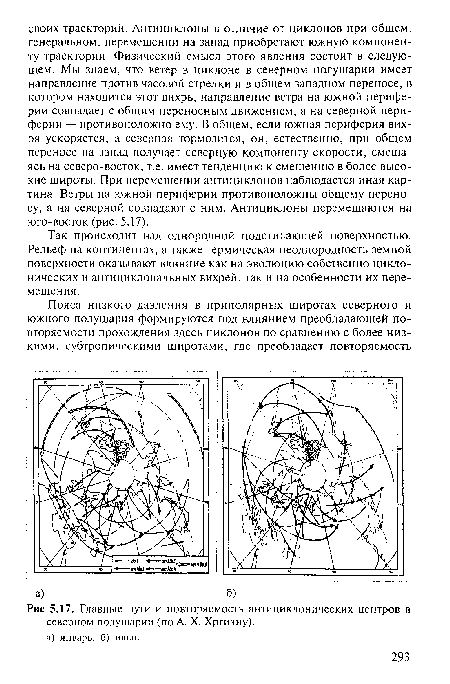 Так происходит над однородной подстилающей поверхностью. Рельеф на континентах, а также термическая неоднородность земной поверхности оказывают влияние как на эволюцию собственно циклонических и антициклональных вихрей, так и на особенности их перемещения.