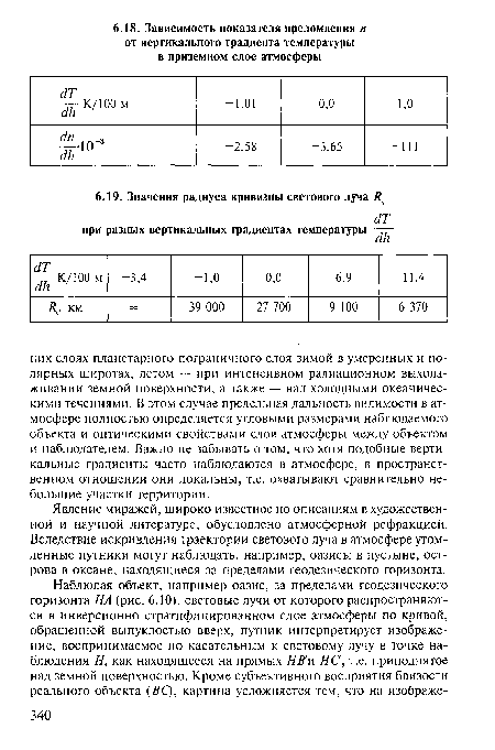 Явление миражей, широко известное по описаниям в художественной и научной литературе, обусловлено атмосферной рефракцией. Вследствие искривления траектории светового луча в атмосфере утомленные путники могут наблюдать, например, оазисы в пустыне, острова в океане, находящиеся за пределами геодезического горизонта.