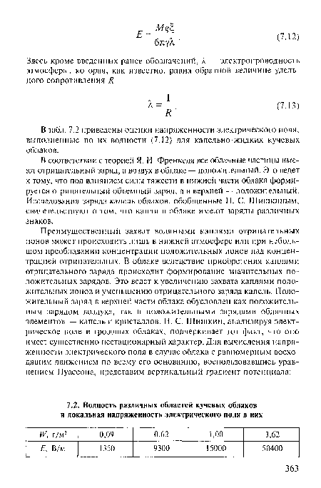 В табл. 7.2 приведены оценки напряженности электрического поля, выполненные по их водности (7.12) для капельно-жидких кучевых облаков.