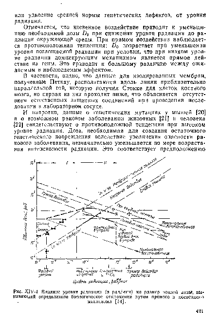 Х1У-4. Влияние уровня радиации (в рад/мин) на размер полной дозы, вызывающей определенное биологическое отклонение путем прямого и косвенного