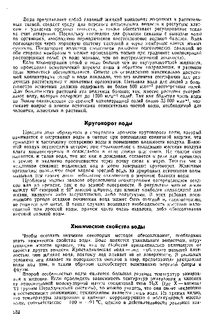 Пресная вода образуется в природном процессе круговорота воды, который начинается с нагревания воды в океане при поглощении солнечной энергии, что приводит к частичному испарению воды и повышению влажности воздуха. Влажный воздух переносится ветром; при столкновении с холодными массами воздуха влага конденсируется и осаждается в виде дождя или снега. На солнце снег плавится, и талая вода, так же как и дождевая, сливается в реки или проникает в землю и медленно просачивается через почву снова к морю. Течение рек и медленное стекание подземных вод к морю завершают круговорот. Животные организмы пополняют свои запасы пресной воды из природных источников воды, вызывая тем самым лишь небольшие отклонения в мировом балансе воды.