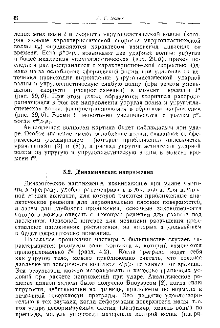 Динамические напряжения, возникающие при ударе частицы в преграду, удобно рассматривать в два этапа: для начальной стадии контакта, для которой имеются приближенные аналитические решения для первоначально плоских поверхностей, а затем для глубокого проникания, основные закономерности которого можно описать с помощью решения для полости под давлением. Основной интерес для механики разрушения представляют напряжения растяжения, на которых в дальнейшем и будет сосредоточено внимание.