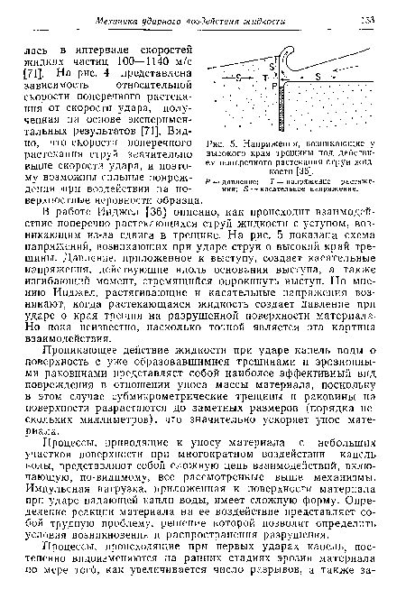 Напряжения, возникающие у высокого края трещины под действием поперечного растекания струи жидкости [36].