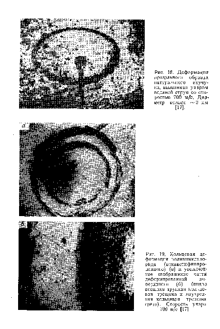 Кольцевая деформация поливинилхлорида (непластифициро-ванного) (а) и увеличенное изображение части деформированной поверхности (б) (видна внешняя хрупкая кольцевая трещина и внутренняя кольцевая трещина среза). Скорость удара 700 м/с [17].