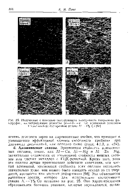 Полученные с помощью сканирующего электронного микроскопа фотографии, иллюстрирующие развитие (а— б—+в—^г) эрозионной раковины в максимально состаренном сплаве А1 — 4% Си [98].